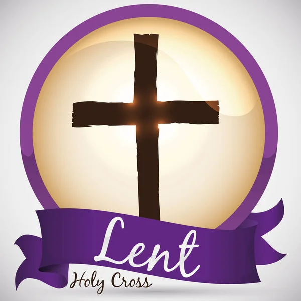 Glanzende ronde knop met het Heilige Kruis en lint voor Lent, vectorillustratie — Stockvector