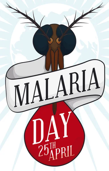 Testa di zanzara, goccia di sangue e promemoria Data per la Giornata della Malaria, Illustrazione vettoriale — Vettoriale Stock