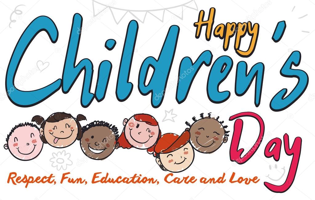 Multicultural Smiling Kids in Doodle Style Celebrating Children's Day, Vector Illustration