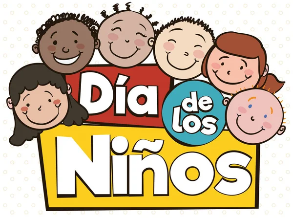 Niños multiculturales celebrando el día de los niños con saludo español, ilustración vectorial — Archivo Imágenes Vectoriales