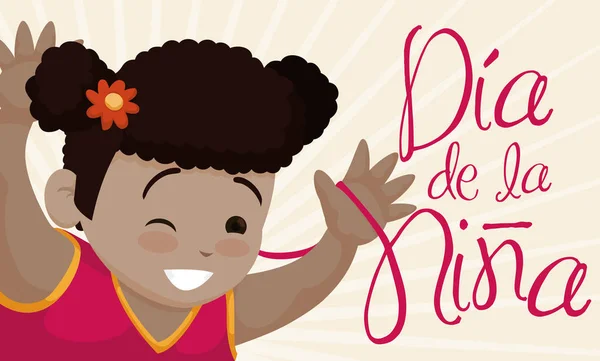 Söt brunett flicka leende och fira barnens dag i spanska, vektorillustration — Stock vektor