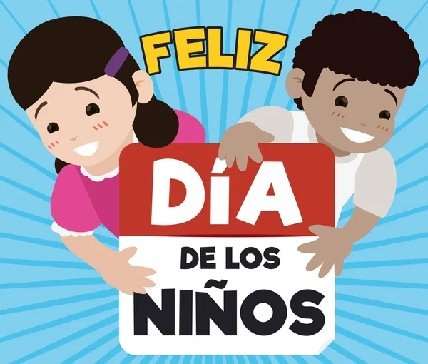 Aranyos gyerekek tartja a naptár spanyol Children's Day, vektoros illusztráció — Stock Vector