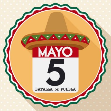 Button with Hat and Calendar Commemorating Mexican Cinco de Mayo, Vector Illustration clipart