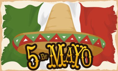 Yaşlı Meksika bayrağı ve Straw Hat Cinco de Mayo, vektör çizim için