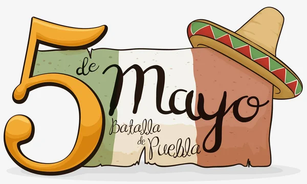 Bandeira mexicana antiga e Sombrero para celebrar Cinco de Maio, ilustração vetorial —  Vetores de Stock