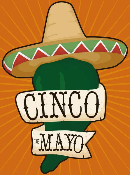 Peperoncino, Cappello e nastro messicano per Cinco de Mayo, Illustrazione vettoriale — Vettoriale Stock