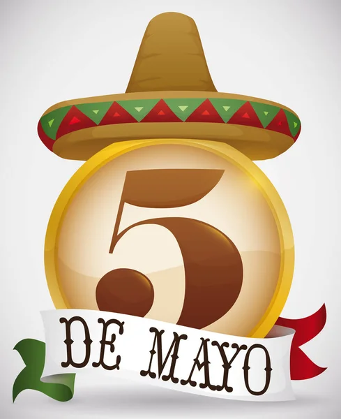 Kruhové tlačítko s Sombrero a pás karet pro Cinco de Mayo, vektorové ilustrace — Stockový vektor