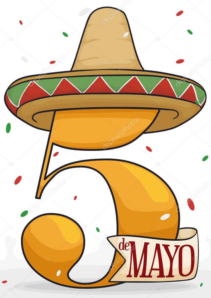Mexican Hat and Festive Confetti for Cinco de Mayo Celebration, Vector Illustration