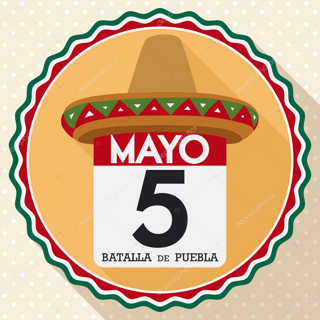 Button with Hat and Calendar Commemorating Mexican Cinco de Mayo, Vector Illustration