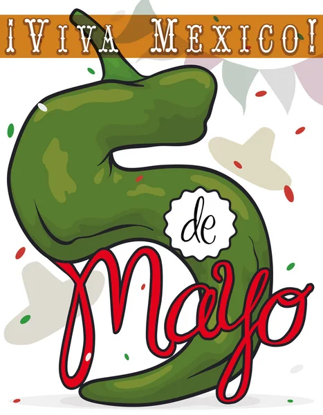 Festive Poblano like Number Five for Mexican Cinco de Mayo, Vector Illustration — Stock Vector