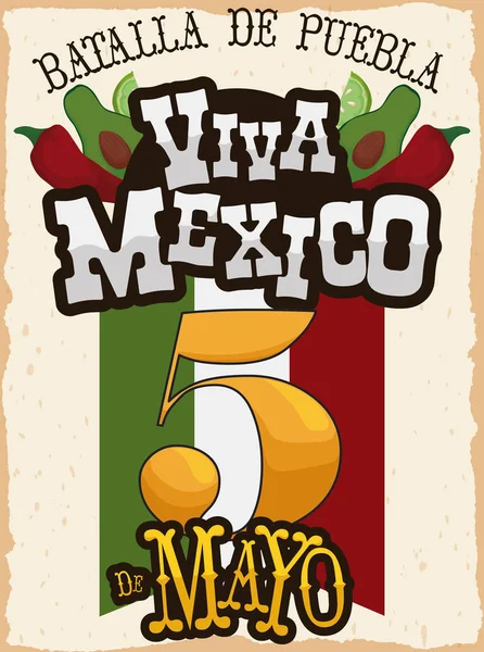 Ingredientes de la cocina tradicional y Pennant para celebrar el Cinco de Mayo, ilustración vectorial — Vector de stock