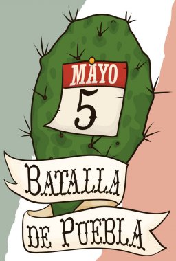 Traditional Nopal, Calendar and Ribbon for Mexican Cinco de Mayo, Vector Illustration clipart