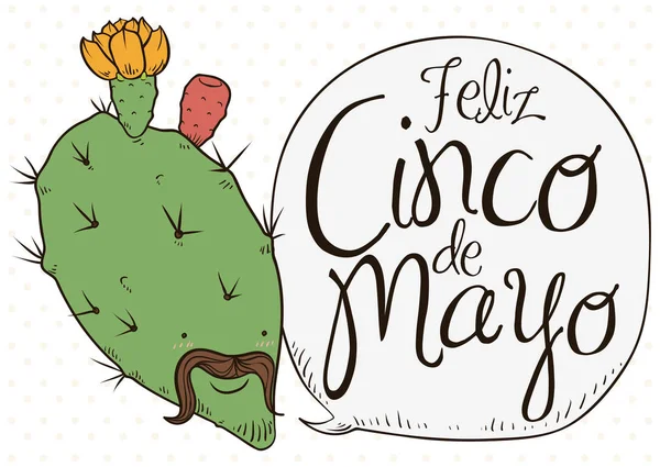 Cute Nopal Bloomed with Charro Face Celebrating Cinco de Mayo, Vector Illustration — Stock Vector