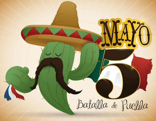 Cactus Mexicano Victorioso como Charro Celebrando el Cinco de Mayo, Vector Illustration — Vector de stock