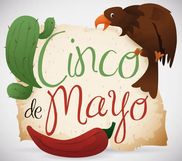 Cactus, Peperoncino e Aquila Festeggiano il Cinco de Mayo messicano, illustrazione vettoriale — Vettoriale Stock