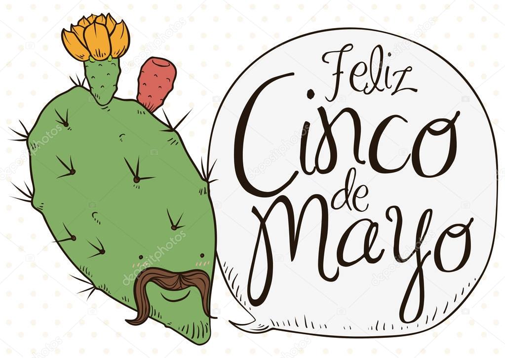 Cute Nopal Bloomed with Charro Face Celebrating Cinco de Mayo, Vector Illustration