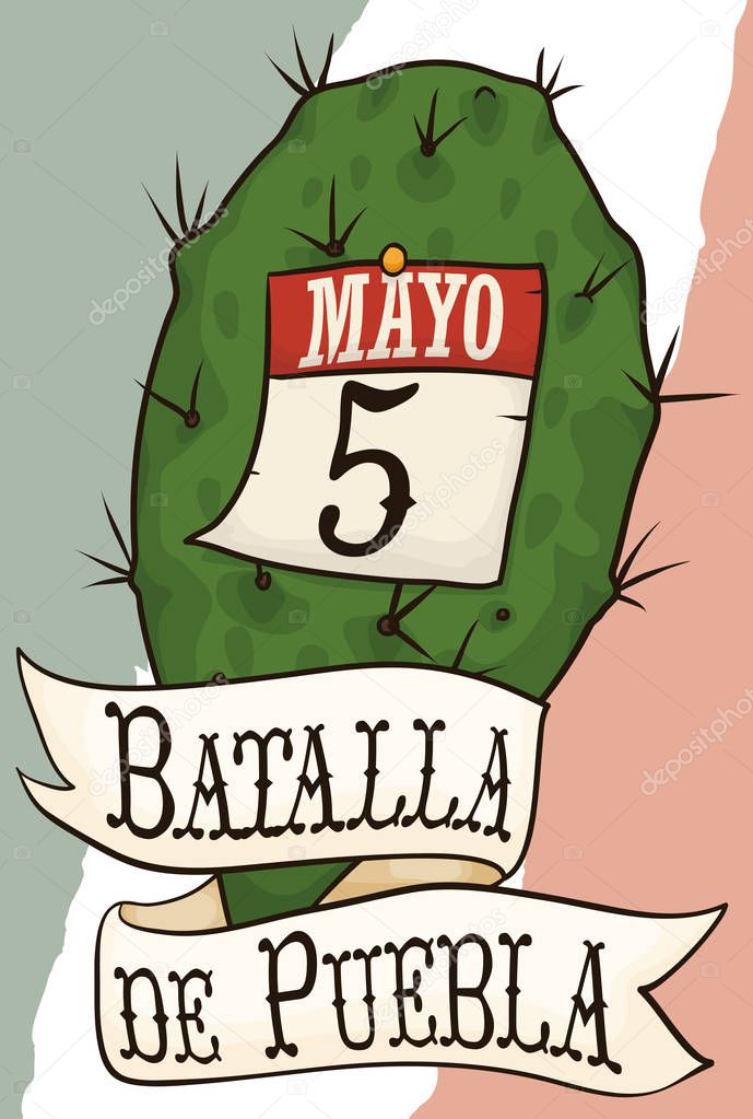 Traditional Nopal, Calendar and Ribbon for Mexican Cinco de Mayo, Vector Illustration