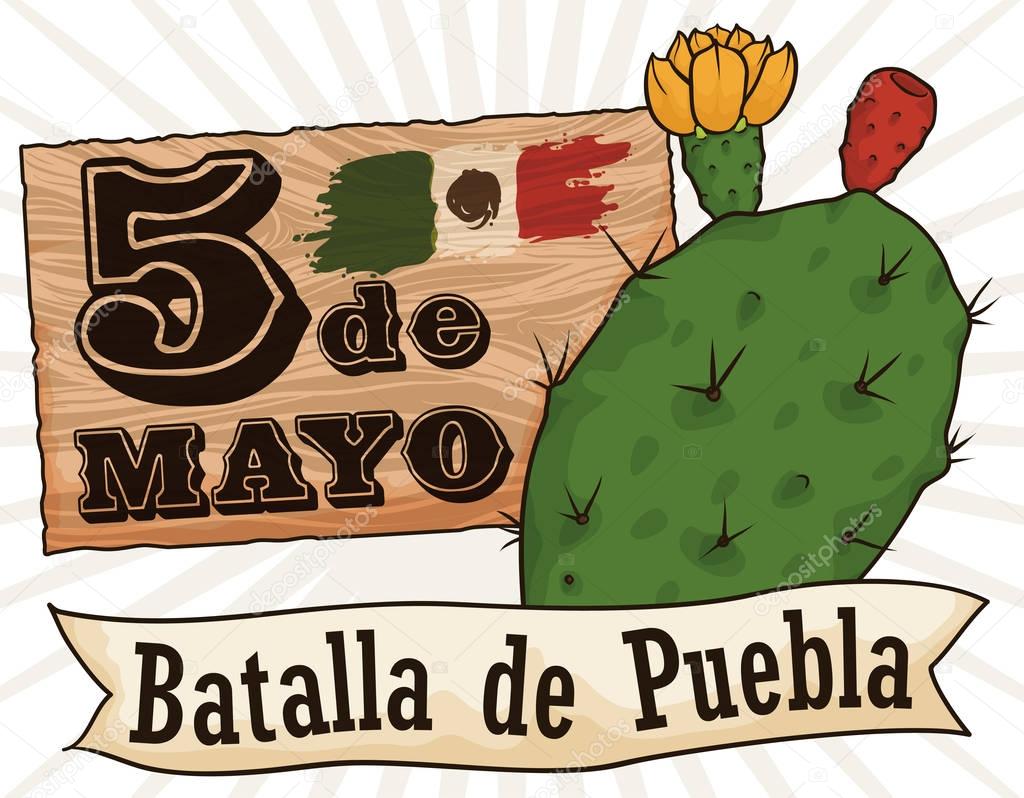 Sign with Reminder Date and Nopal for Cinco de Mayo, Vector Illustration