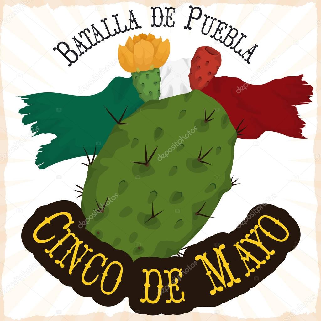 Bloomed Nopal, Tuna and Mexican Flag for Cinco de Mayo, Vector Illustration