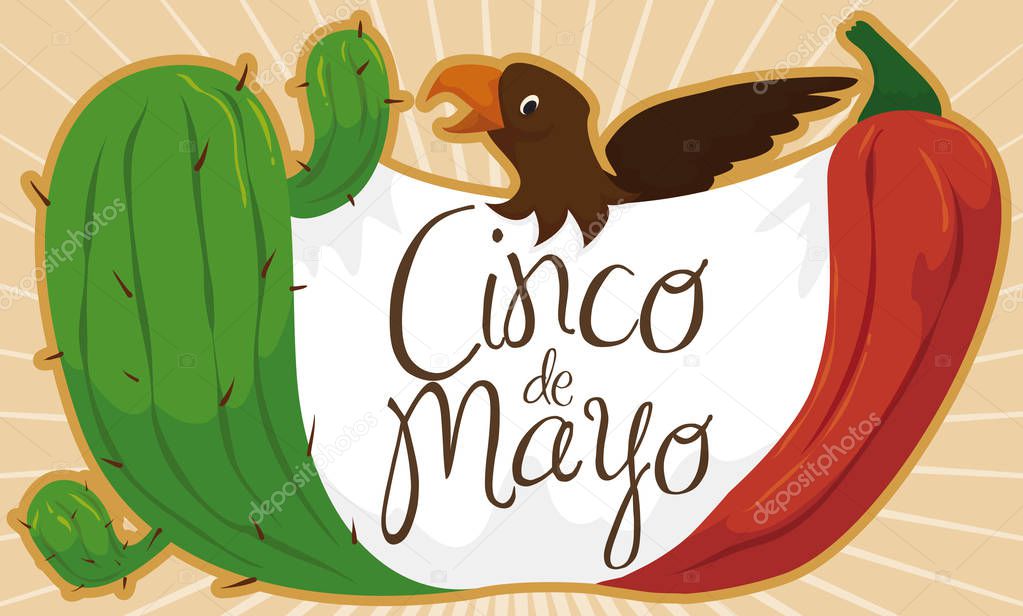 Cactus, Chili Pepper, Fabric and Eagle for Cinco de Mayo, Vector Illustration