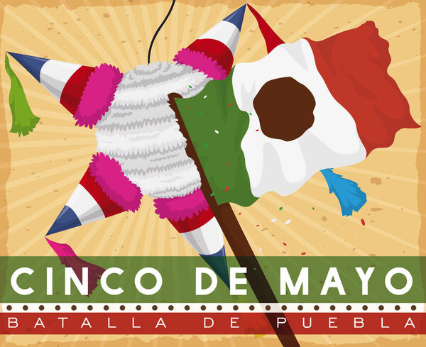 French Pinata hit by Mexican Flag Commemorating Battle of Puebla, Vector Illustration