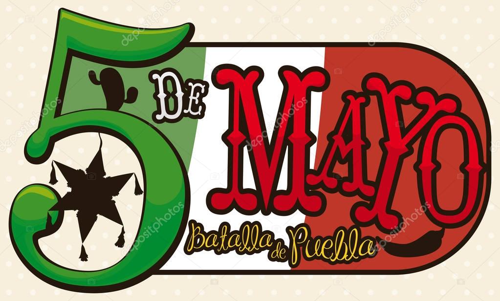 Tag with Mexican Colors and Silhouettes for Cinco de Mayo, Vector Illustration