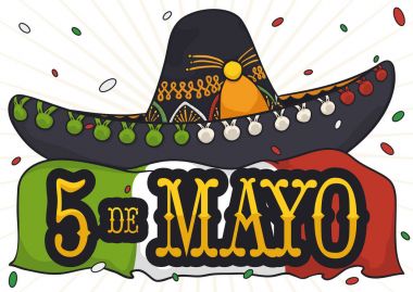 Mariachi şapka, bayrak ve konfeti duş Cinco de Mayo, vektör çizim için