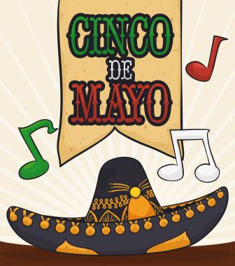 Geleneksel Mariachi şapka ve müzik notlar Cinco de Mayo, vektör çizim için