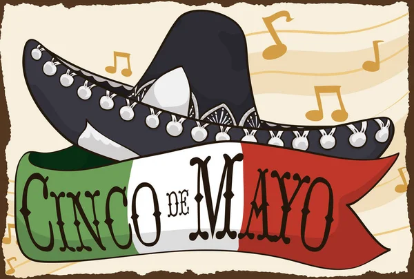 Cappello Mariachi e bandiera messicana per la celebrazione del Cinco de Mayo, illustrazione vettoriale — Vettoriale Stock