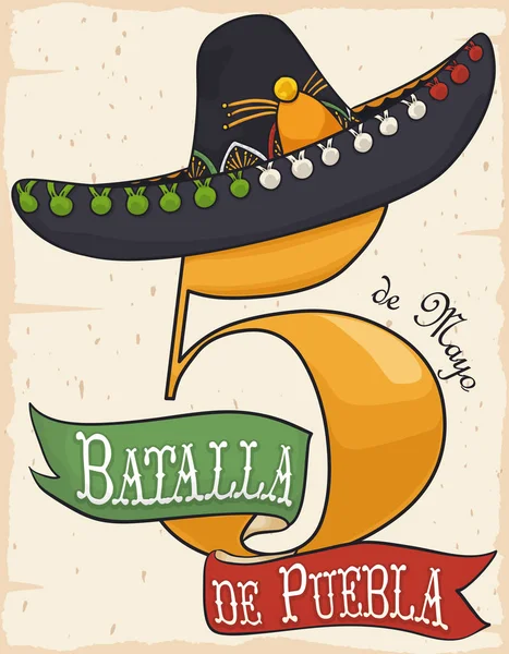 Número Cinco, Cinta y Sombrero Charro para Cinco de Mayo, Ilustración Vectorial — Archivo Imágenes Vectoriales