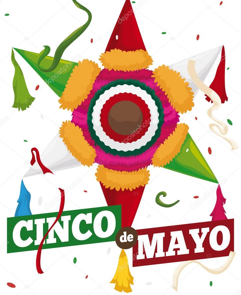 Traditional Mexican Pinata with Confetti, Ready for Cinco de Mayo, Vector Illustration