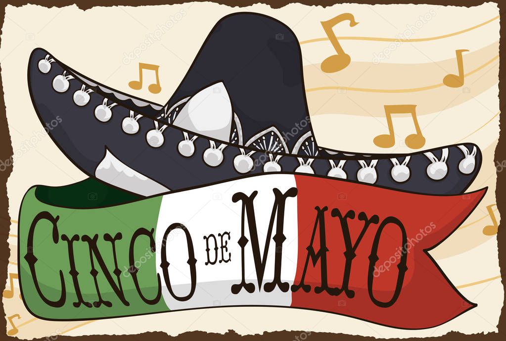Mariachi Hat and Mexican Flag for Cinco de Mayo Celebration, Vector Illustration