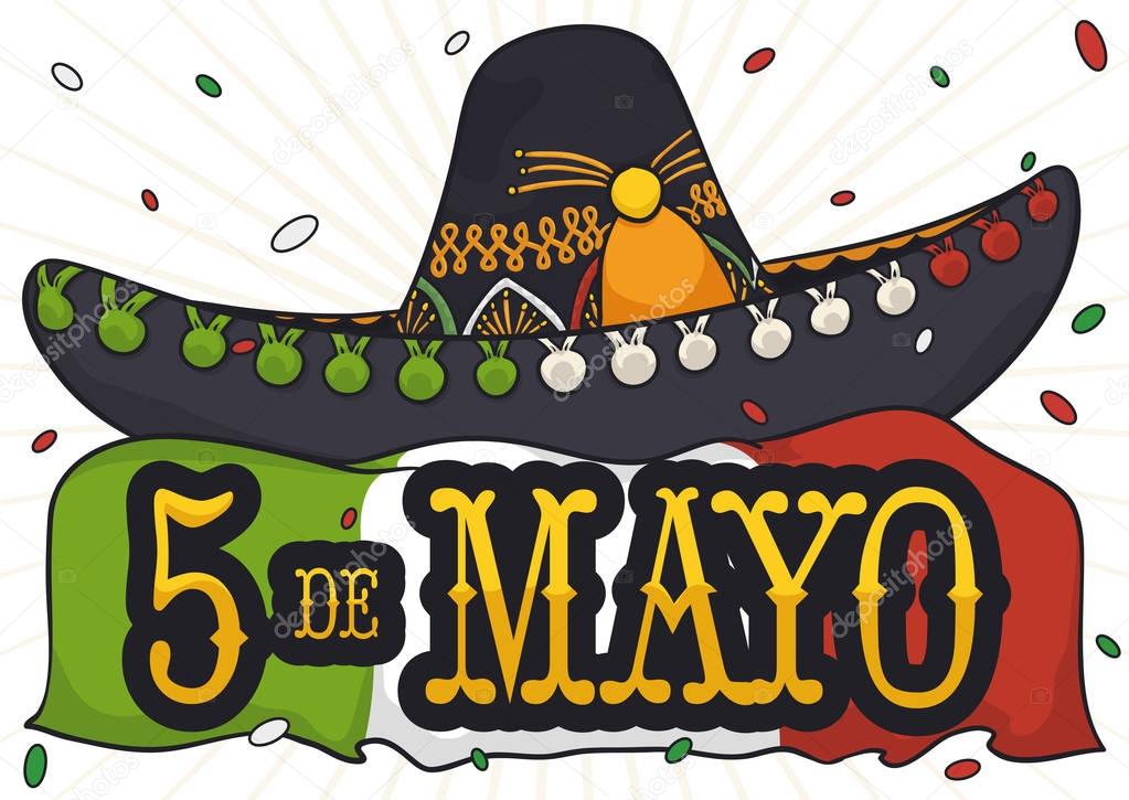 Mariachi Hat, Flag and Confetti Shower for Cinco de Mayo, Vector Illustration