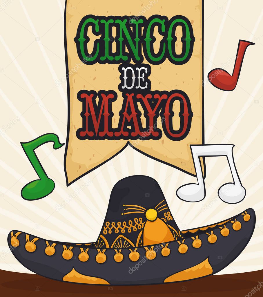 Traditional Mariachi Hat and Music Notes for Cinco de Mayo, Vector Illustration