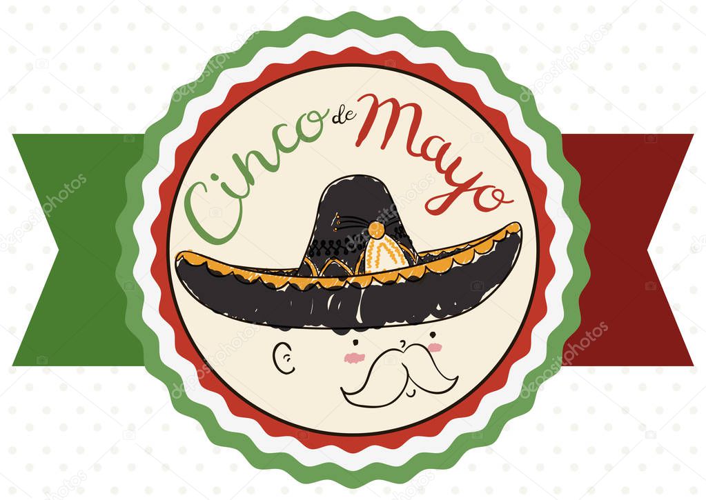 Ribbon and Cute Doodle of Charro for Cinco de Mayo, Vector Illustration
