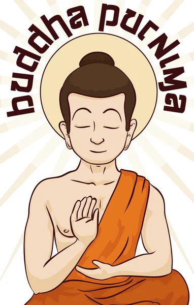 Buddha meditiert in ruhiger Position und gedenkt des Vesak, Vektorillustration — Stockvektor