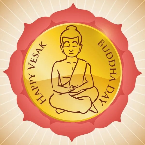 Runder Knopf im Lotusdesign und sitzender Buddha für vesak, Vektorillustration — Stockvektor