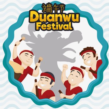 Happy Team of Rowers with Dragon Silhouette for Duanwu Festival, Vector Illustration clipart