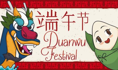 Smiling Zongzi and Dragon Saluting in Duanwu Festival Celebration, Vector Illustration clipart