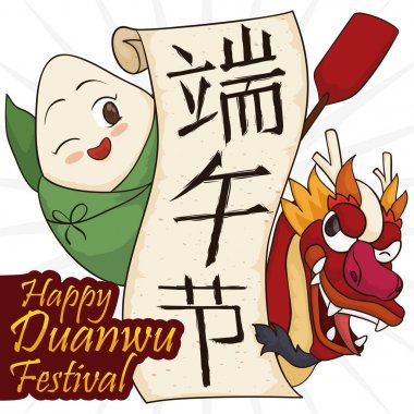 Duanwu Festivali, vektör çizim için karikatür çizmek ile şirin Zongzi ve Dragon