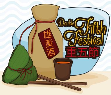 Geleneksel Realgar şarap ve Zongzi Dumpling Duanwu Festivali, vektör çizim için