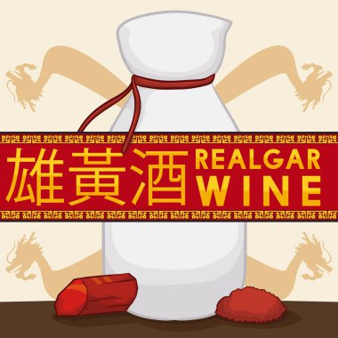 Realgar şarap şişe kristal ve toz ile Duanwu Festival için vektör çizim