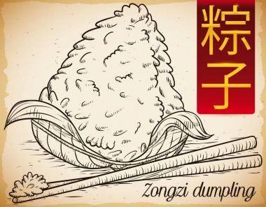 Gerçekçi el Zongzi hamur Chopsticks, vektör çizim ile çekilmiş