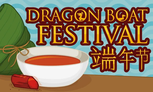 Zongzi Dumpling, Realgar Wine Bowl e Mineral para Duanwu Festival, Vector Illustration — Vetor de Stock
