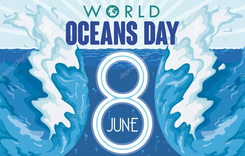 Date over Waves and Ocean View for World Oceans Day, Vector Illustration