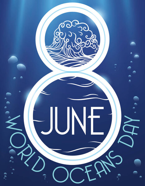 Underwater View with Reminder Date for World Oceans Day, Vector Illustration