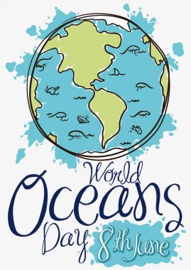 Okyanuslar gün, vektör çizim için Doodle tarzında deniz Fauna toprakla