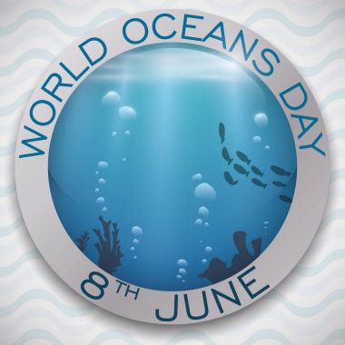 Round Button with Marine View for World Oceans Day, Vector Illustration clipart