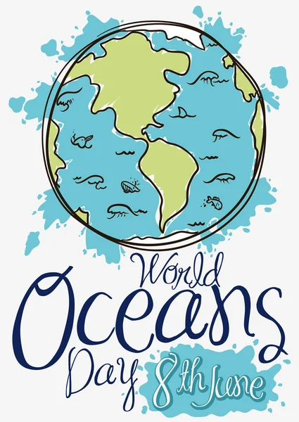 Terra com Fauna Marinha no estilo Doodle para o Dia dos Oceanos, ilustração vetorial —  Vetores de Stock