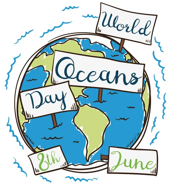 Terre avec des signes à la main Style dessiné pour la Journée des océans, Illustration vectorielle — Image vectorielle